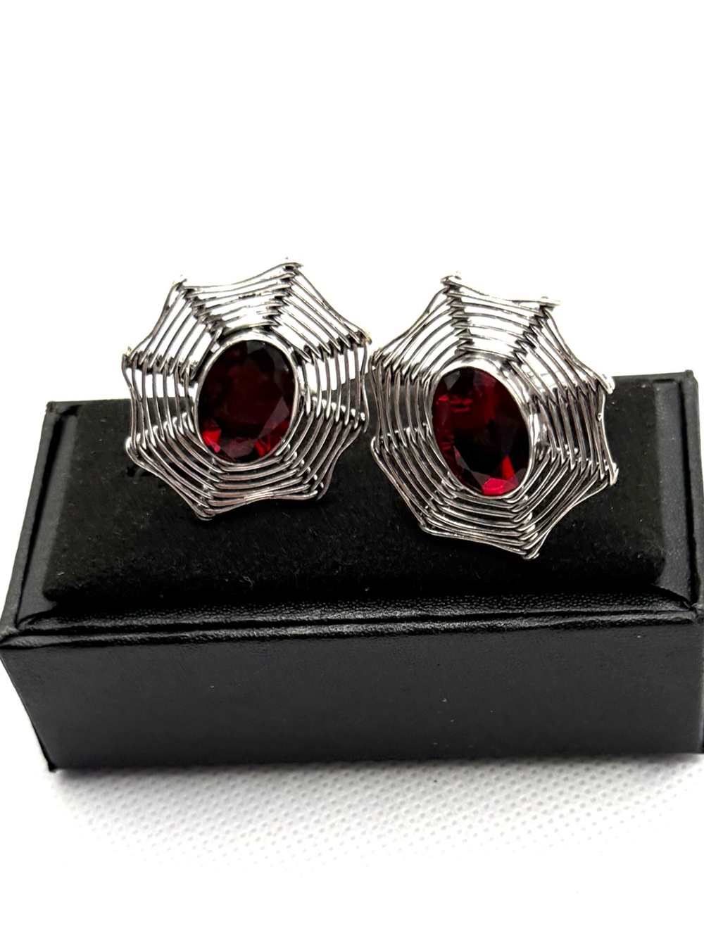 Sterling Silver  Red Crystal Web Stud Cufflinks
